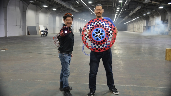 Grant Imahara left and Allen Pan show off their creations mdash a repulsor force Iron Man gauntlet and a boomeranging Captain America shield mdash as part of Mouser Electronics and Marvel Entertainmentrsquos Empowering Innovation Together series