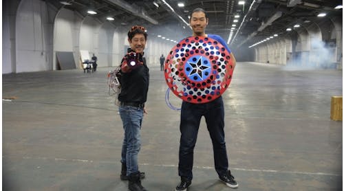 Grant Imahara (left) and Allen Pan show off their creations &mdash; a repulsor force Iron Man gauntlet and a boomeranging Captain America shield &mdash; as part of Mouser Electronics and Marvel Entertainment&rsquo;s Empowering Innovation Together series.
