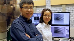 Qingxiao Wang (left) and Hui Zhu, graduate students in materials science and engineering at UT Dallas, and co-authors of the Advanced Materials journal article, used a transmission electron microscope to observe the unexpected phase shift of molybdenum ditelluride, a potential future nanotech semiconductor.