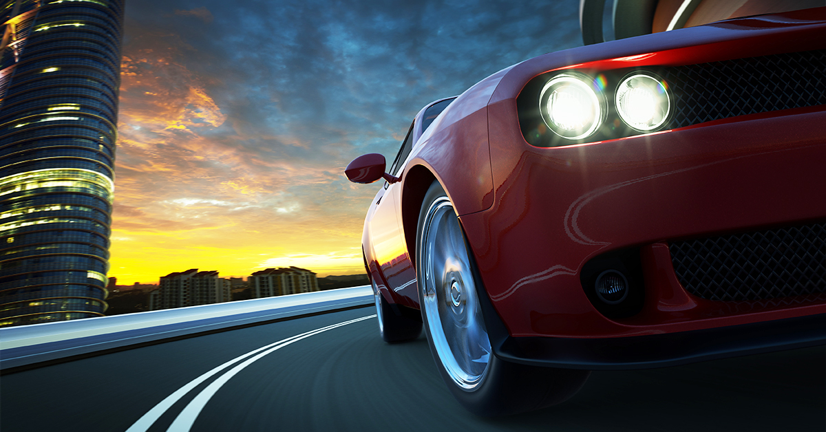 Closeup of muscle car on road