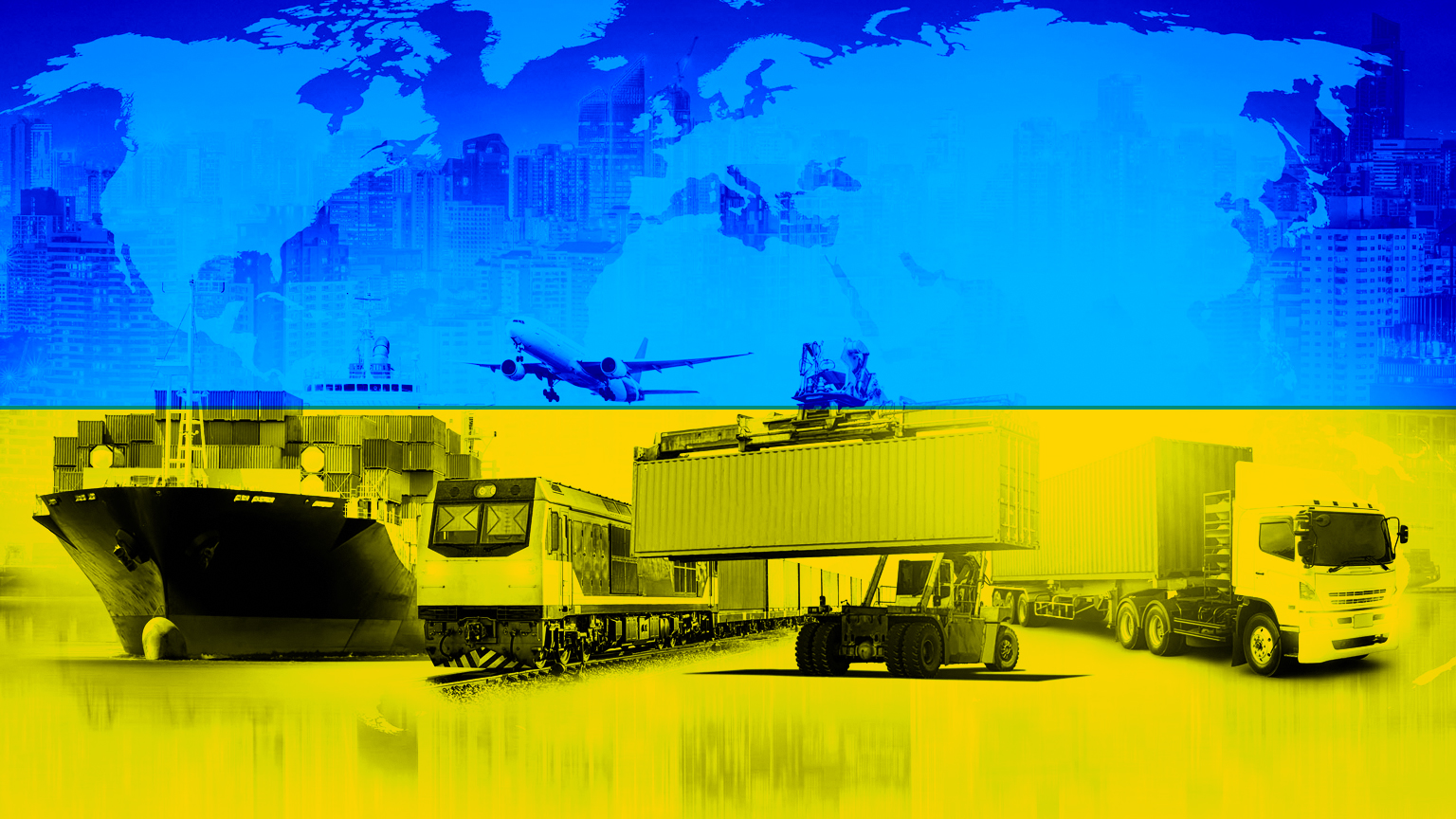 Global business logistics over Ukraine flag background