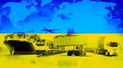 Global business logistics over Ukraine flag background