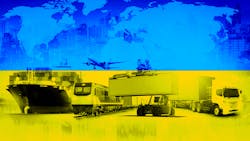 Global business logistics over Ukraine flag background Global business logistics over Ukraine flag background