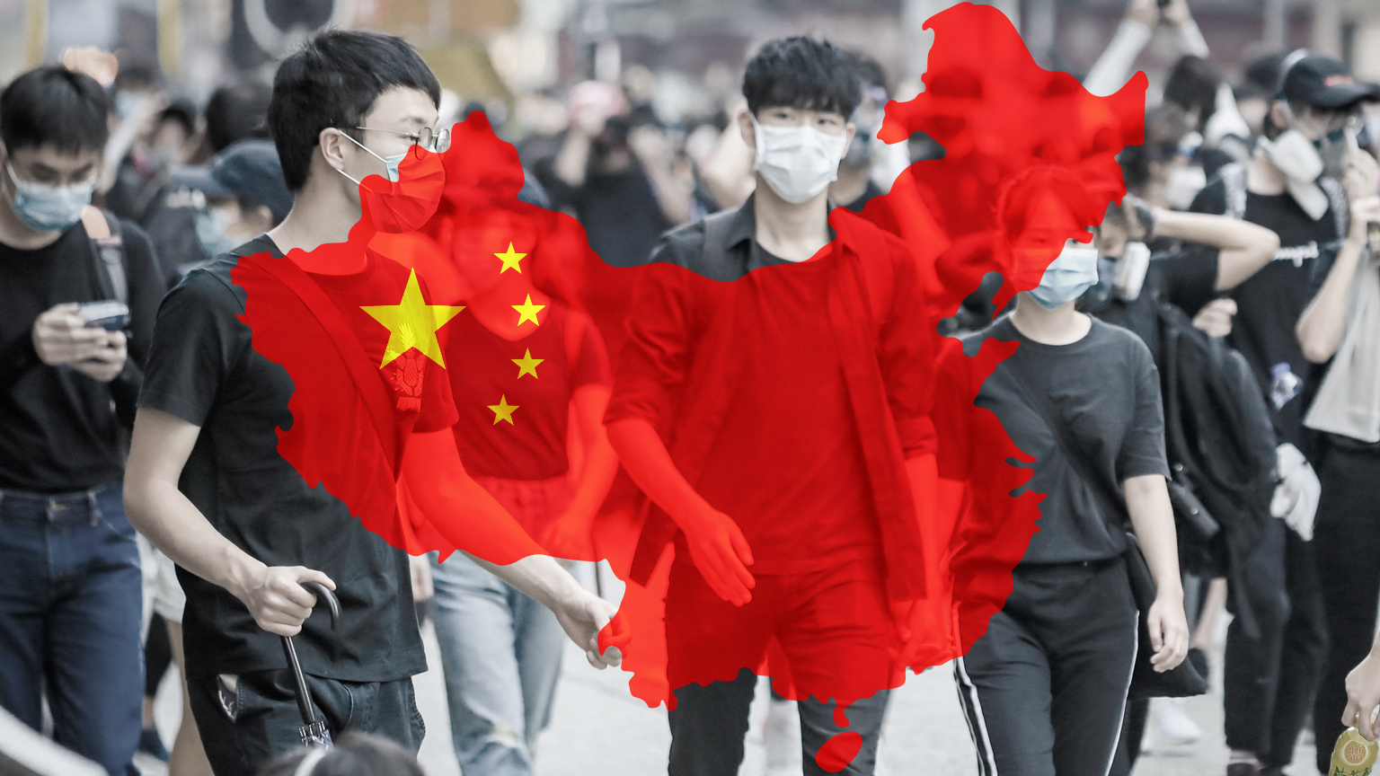 Young people wearing facemasks in the street, superimposed with China