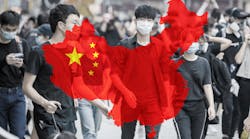 Young people wearing facemasks in the street, superimposed with China
