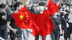 Young people wearing facemasks in the street, superimposed with China Young people wearing facemasks in the street, superimposed with China